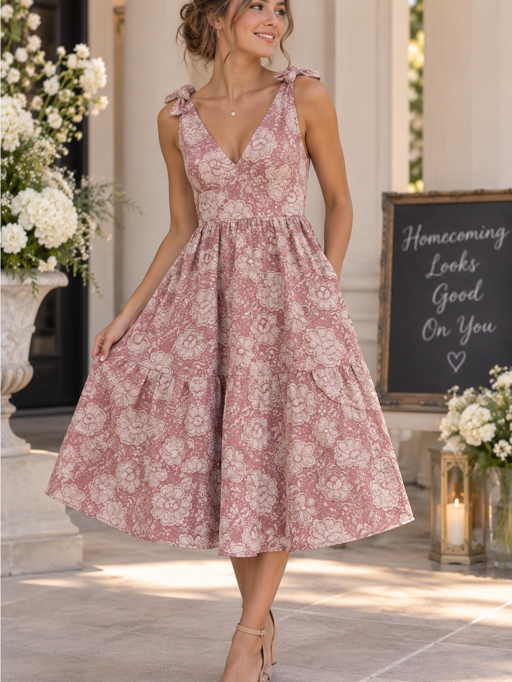JJ’s House Aiiva Pink Bow Jacquard Midi Dress Floral Size Medium, like new